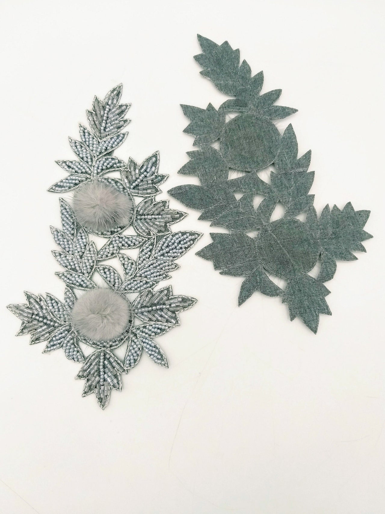 Grey Hand Embroidered Floral Applique, Beaded Floral Motif With Feather Pom Pom, 1 Pc