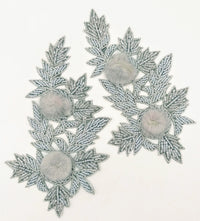 Thumbnail for Grey Hand Embroidered Floral Applique, Beaded Floral Motif With Feather Pom Pom, 1 Pc