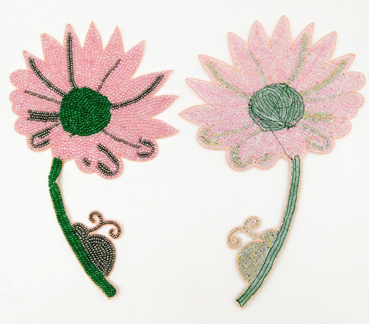 Hand Embroidered Pink and Green Floral Applique With Snail, Beaded Applique, 1 Piece