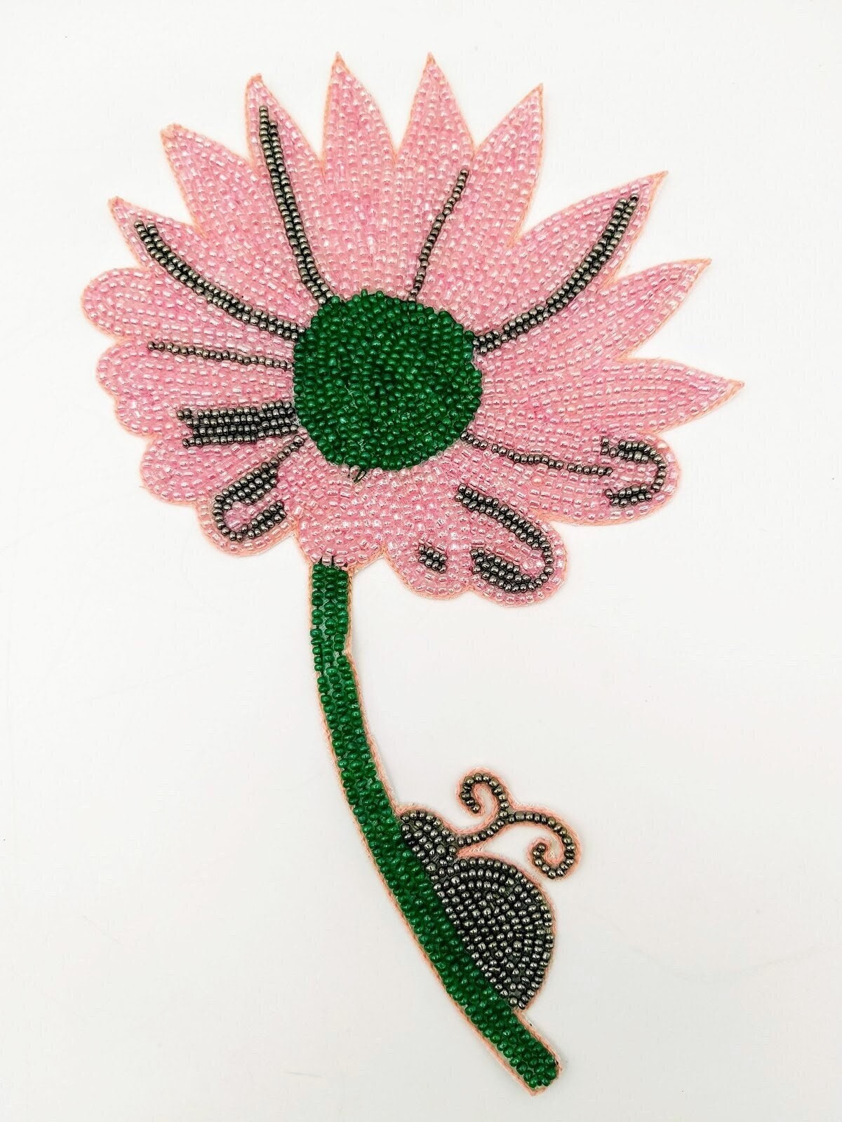 Hand Embroidered Pink and Green Floral Applique With Snail, Beaded Applique, 1 Piece