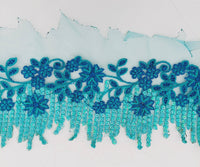 Thumbnail for Cyan Blue Net Scallop Lace Trim with Navy Blue Floral Embroidery And Blue Sequins, Sari Border, Embroidered Trim