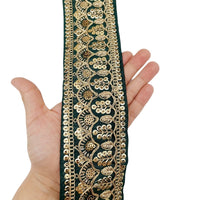 Thumbnail for Dark Green Gold Embroidered Lace Trim Sequins Trim 9 Yard Decorative Sari Border Costume Ribbon Crafting Sewing Tape