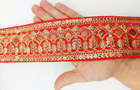 Thumbnail for Red Gold Embroidered Lace Trim Sequins Trim 9 Yard Decorative Sari Border Costume Ribbon Crafting Sewing Tape