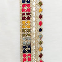 Thumbnail for Gold Sequin Border With Multicoloured Floral Embroidery, Beige Shimmer Lace Trim, Decorative Trim