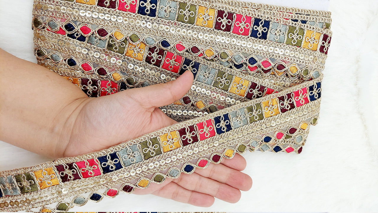 Gold Sequin Border With Multicoloured Floral Embroidery, Beige Shimmer Lace Trim, Decorative Trim