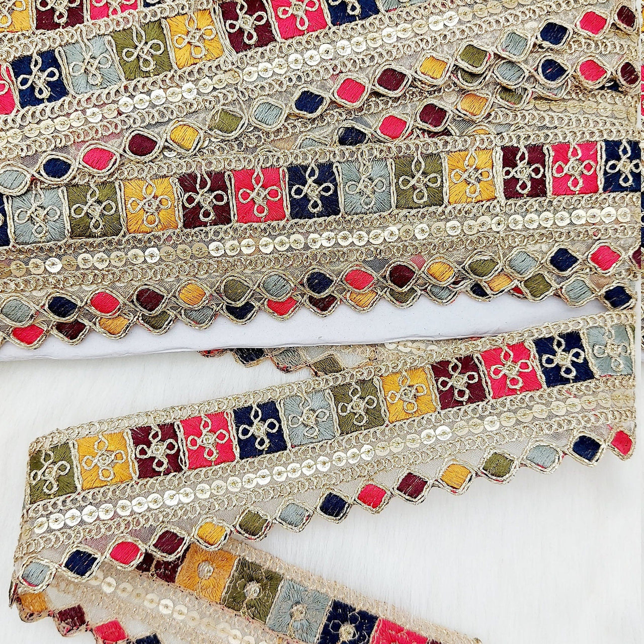 Gold Sequin Border With Multicoloured Floral Embroidery, Beige Shimmer Lace Trim, Decorative Trim