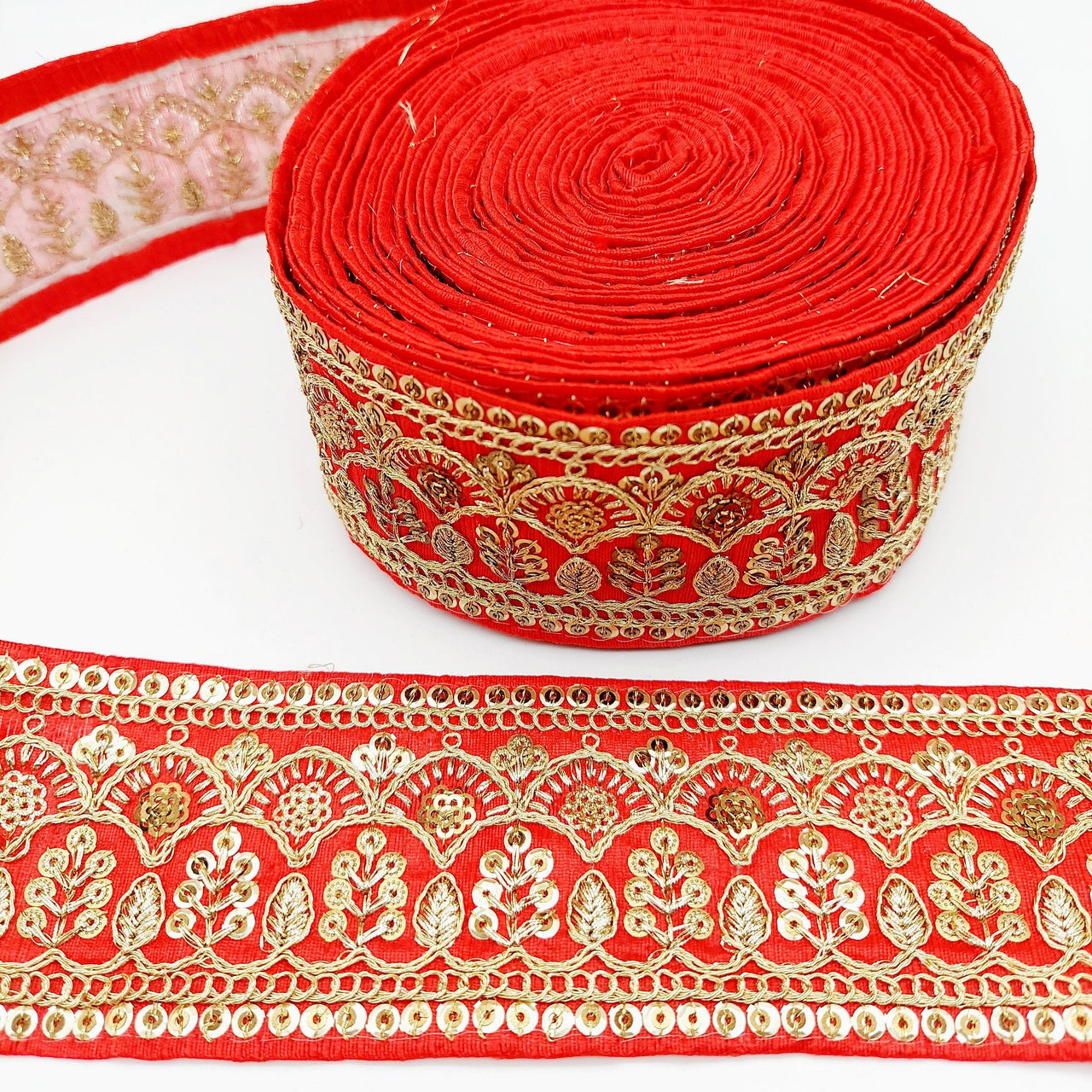 Red Gold Embroidered Lace Trim Sequins Trim 9 Yard Decorative Sari Border Costume Ribbon Crafting Sewing Tape