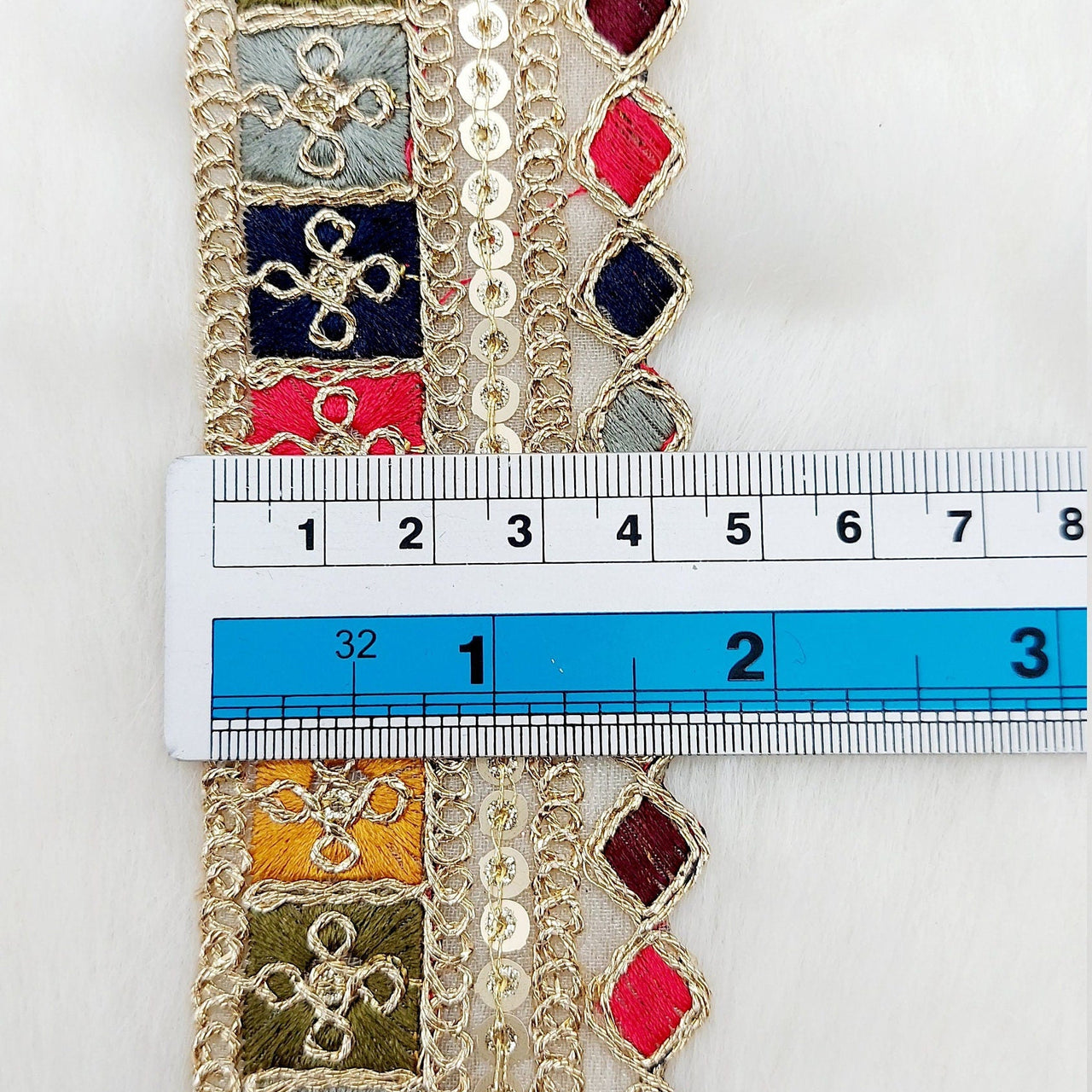 Gold Sequin Border With Multicoloured Floral Embroidery, Beige Shimmer Lace Trim, Decorative Trim