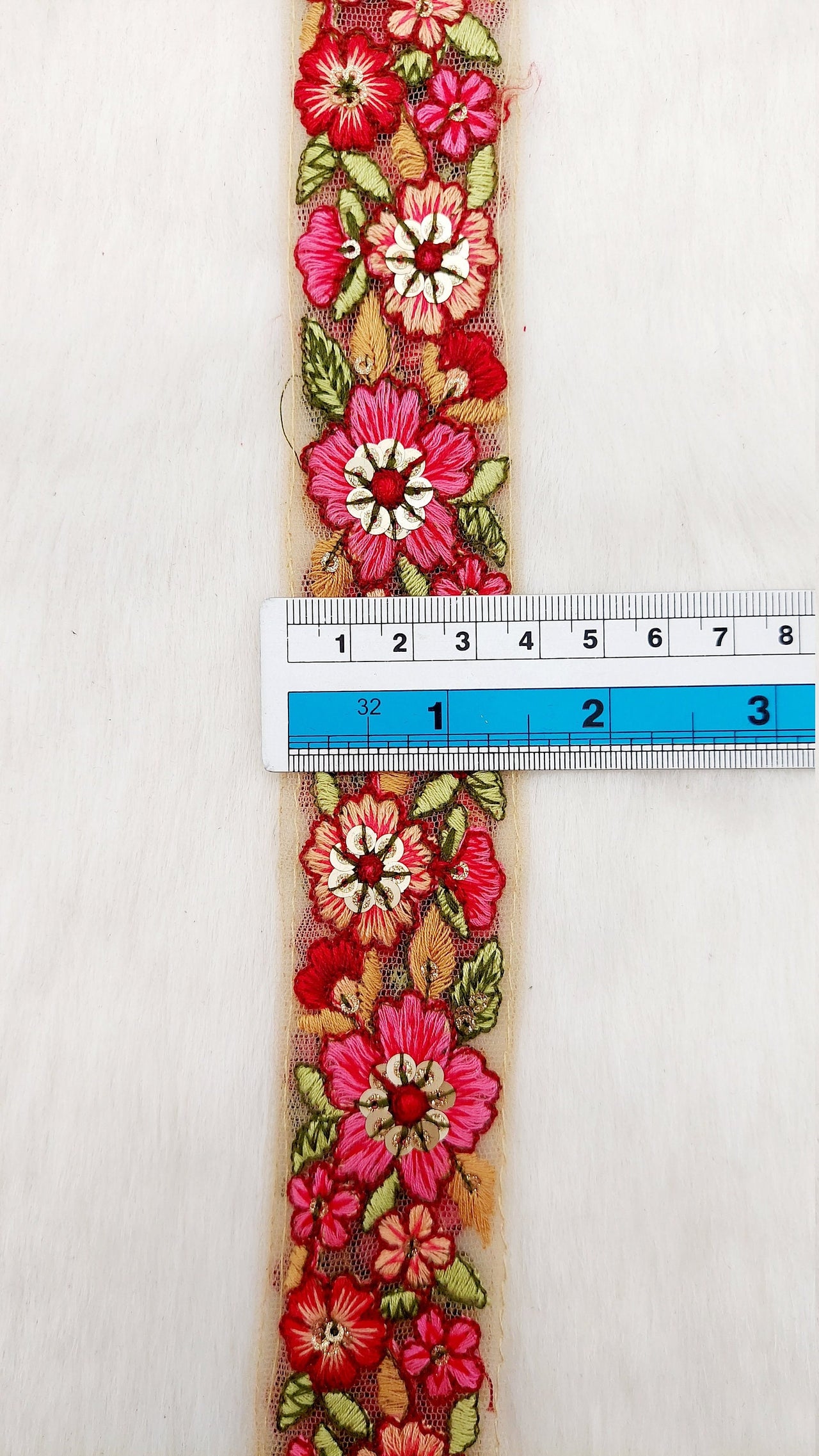 1 Yards Yellow Indian Floral Trim, Green Pink Peach Orange Floral  Embroidered Work lace Trim, Sari Sewing, Craft,6.3 cm Wide
