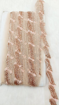 Thumbnail for Beige Net Bridal Trim Rose Gold Beaded Leaf Embroidery, Hand Embroidered Bead Lace, Floral Embroidered Trim