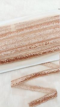 Thumbnail for Beige Net Bridal Trim Rose Gold Beaded Embroidery, Hand Embroidered Bead Lace, Trim By 9 Yards