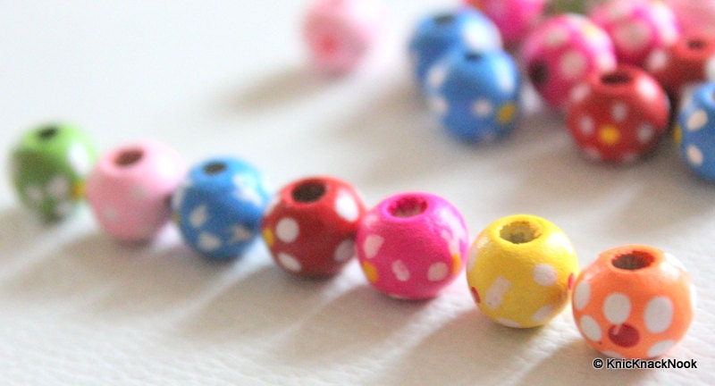 20 x Multicolor Wood Beads with Handpainted Flowers 10mmx9mm