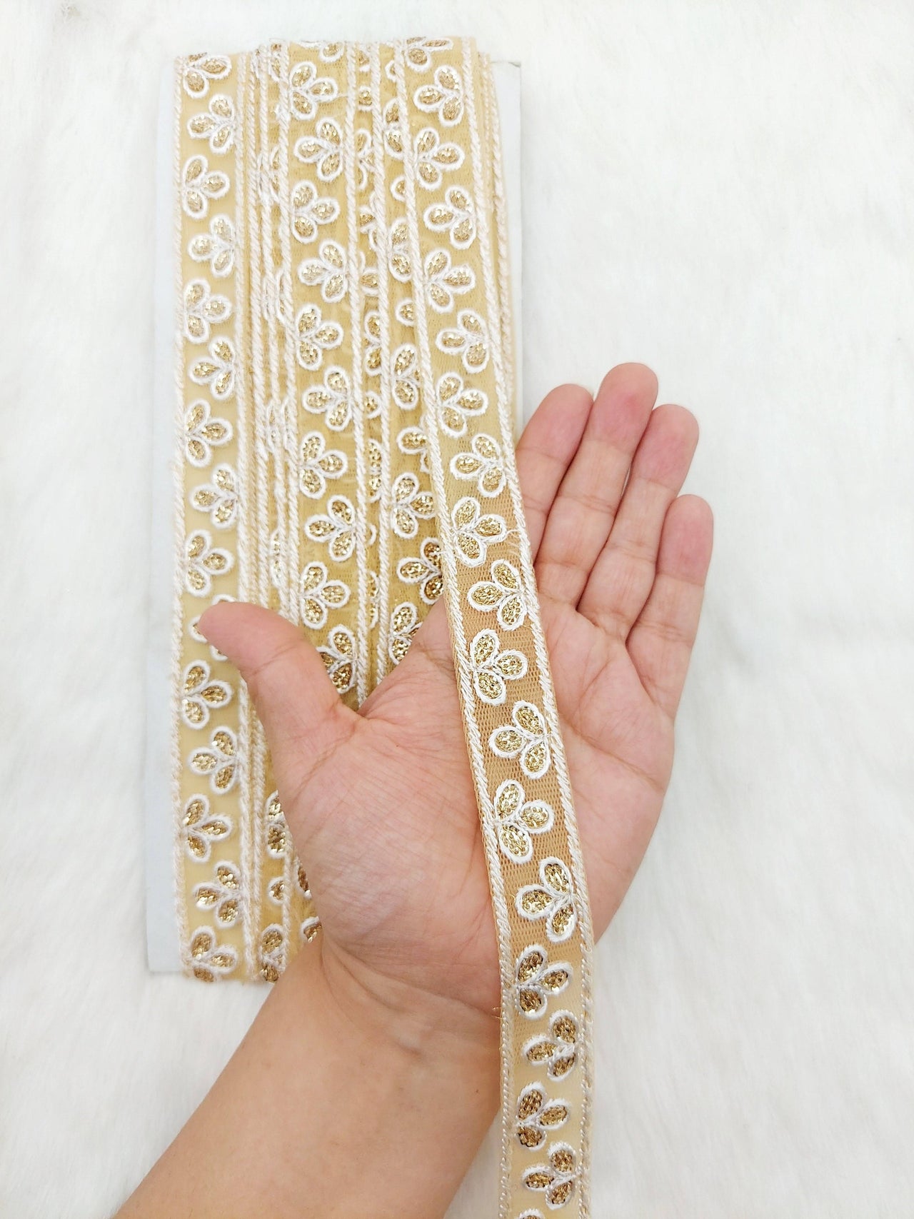 Wholesale Beige Net Lace Trim Floral Embroidery & Glitter Gold Sequins, Indian Wedding Border, Gifting Ribbon Costume Trim Fashion Trimming