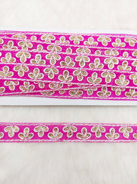 Thumbnail for Wholesale Fuchsia Net Lace Floral Embroidery & Glitter Gold Sequins, Indian Wedding Border, Gifting Ribbon Costume Trim Fashion Trimming