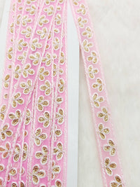 Thumbnail for Wholesale Pink Net Lace Floral Embroidery & Glitter Gold Sequins, Indian Wedding Border, Gifting Ribbon Costume Trim Fashion Trimming