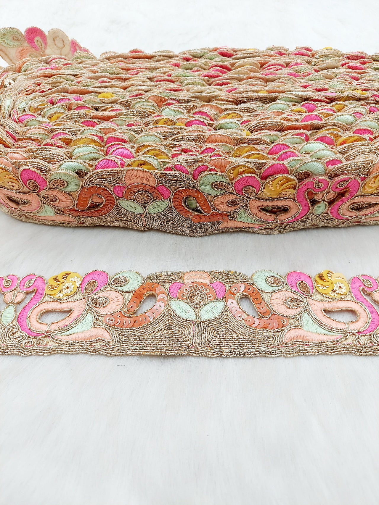 Cutwork Lace Trim With Intricate Hand Embroidered Swans In Pink and Zardozi Embroidery, Floral Trims, Sari Border