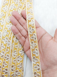 Thumbnail for Wholesale Yellow Net Lace Floral Embroidery & Glitter Gold Sequins, Indian Wedding Border, Gifting Ribbon Costume Trim Fashion Trimming