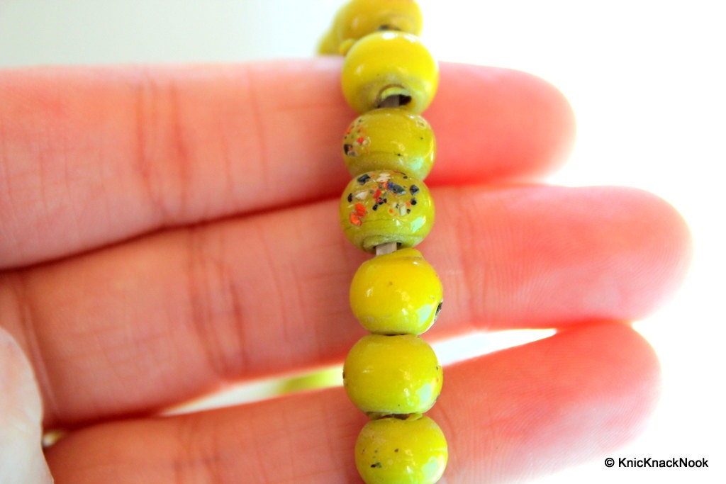 Yellow Green Round Opaque Glass Beads with Colour dots 8mm