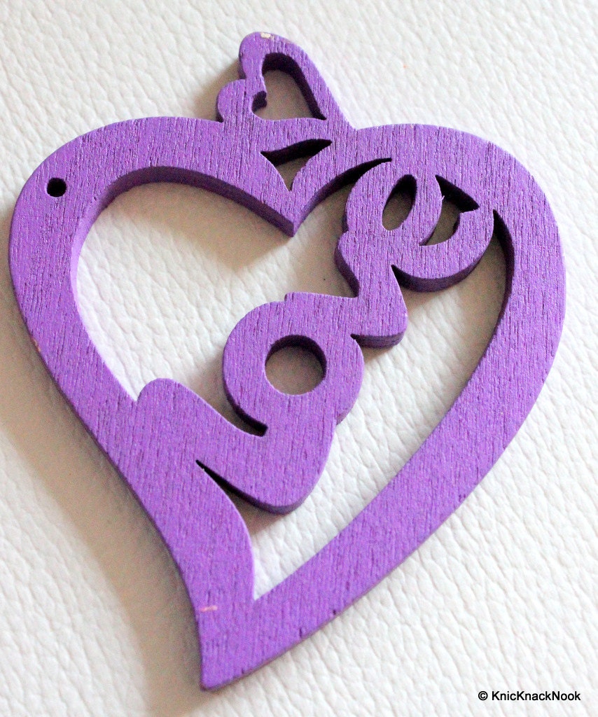 1 x Purple Love Heart Wood Bead 70mm