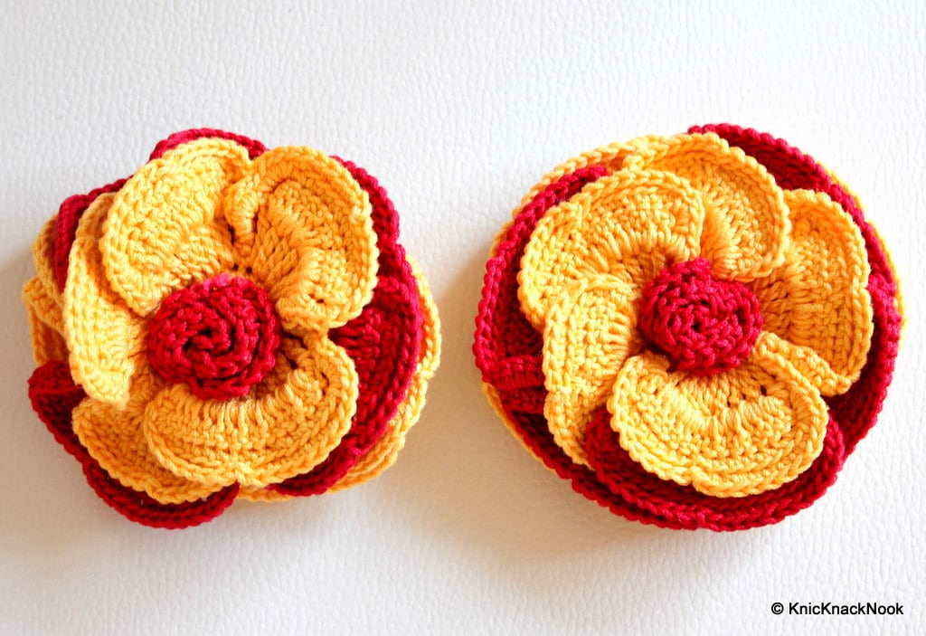 Yellow and Maroon / Red Crochet Flower Applique x 1