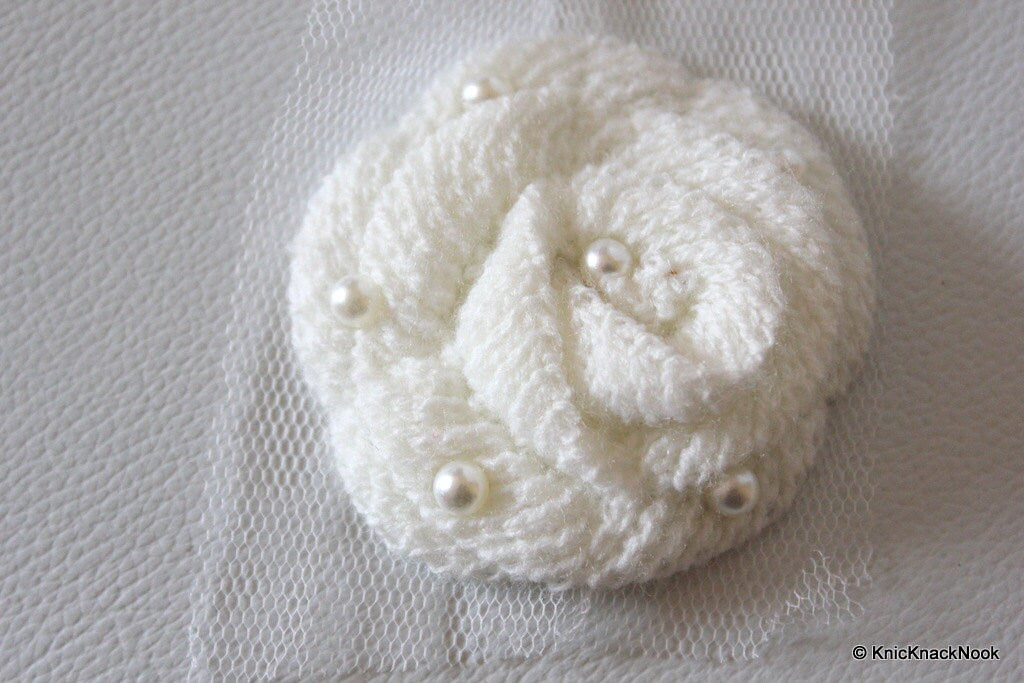 White Crochet Wool Rose Flower With Pearl Studs Appliqué x 2