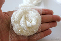 Thumbnail for White Crochet Wool Rose Flower With Pearl Studs Appliqué x 2