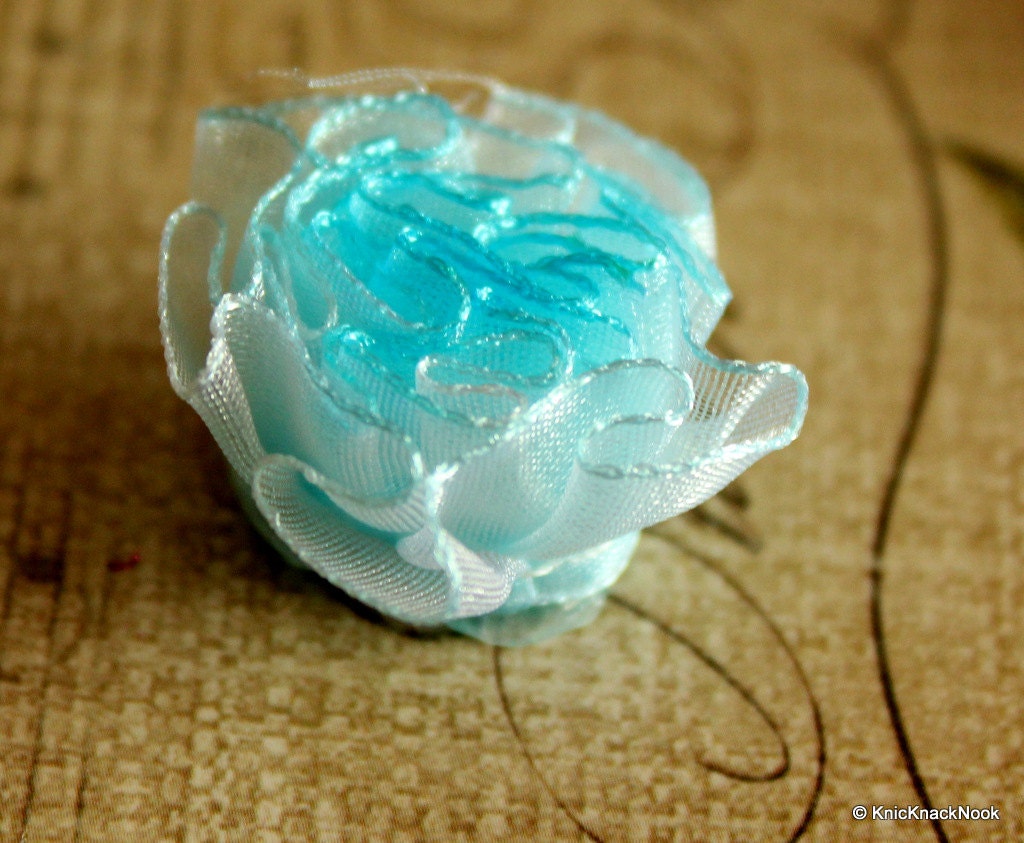 Organza Ribbon Blue and White Carnation Flower Appliques/ Crafts/ Wedding Decoration x 5