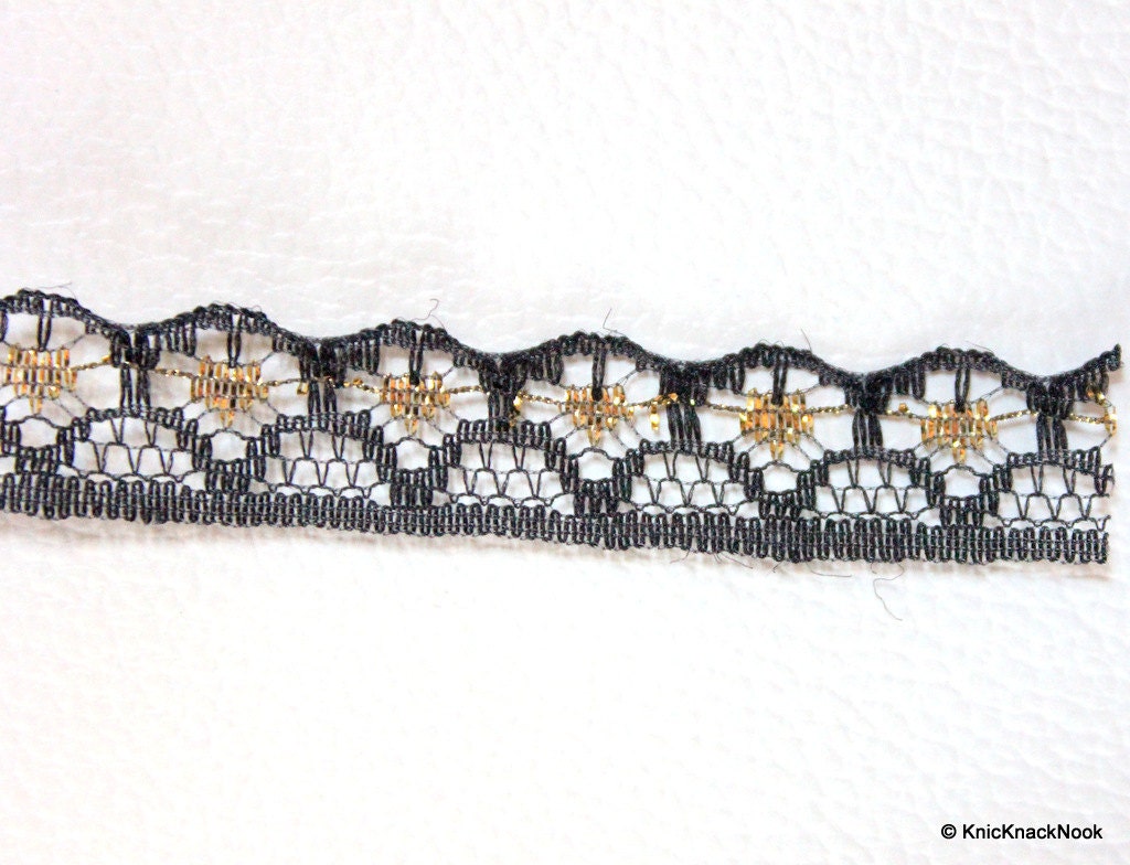 Black And Gold Embroidered Net Lace Trim Ribbon 12mm wide