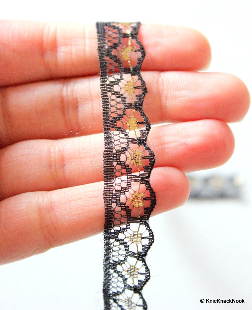 Black And Gold Embroidered Net Lace Trim Ribbon 12mm wide