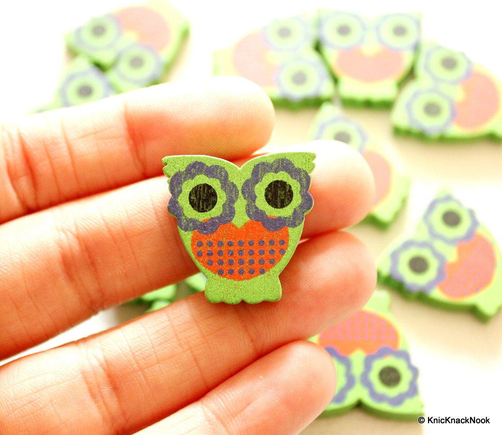 Green And Orange Owl Wood Beads x 10