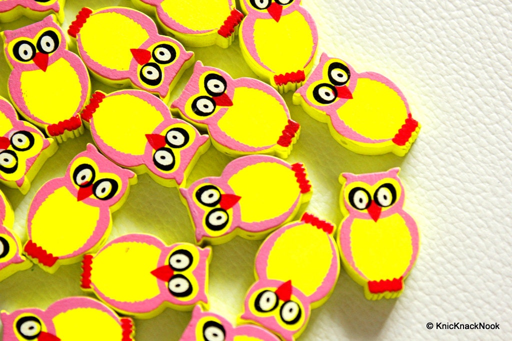 Yellow And Pink Owl Wood Beads x 10