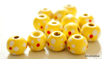 Thumbnail for 20 x Yellow Wood Beads with Handpainted Flowers 10mmx9mm