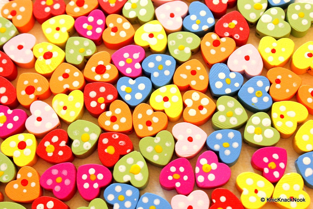 Green Wood Heart Beads x 10