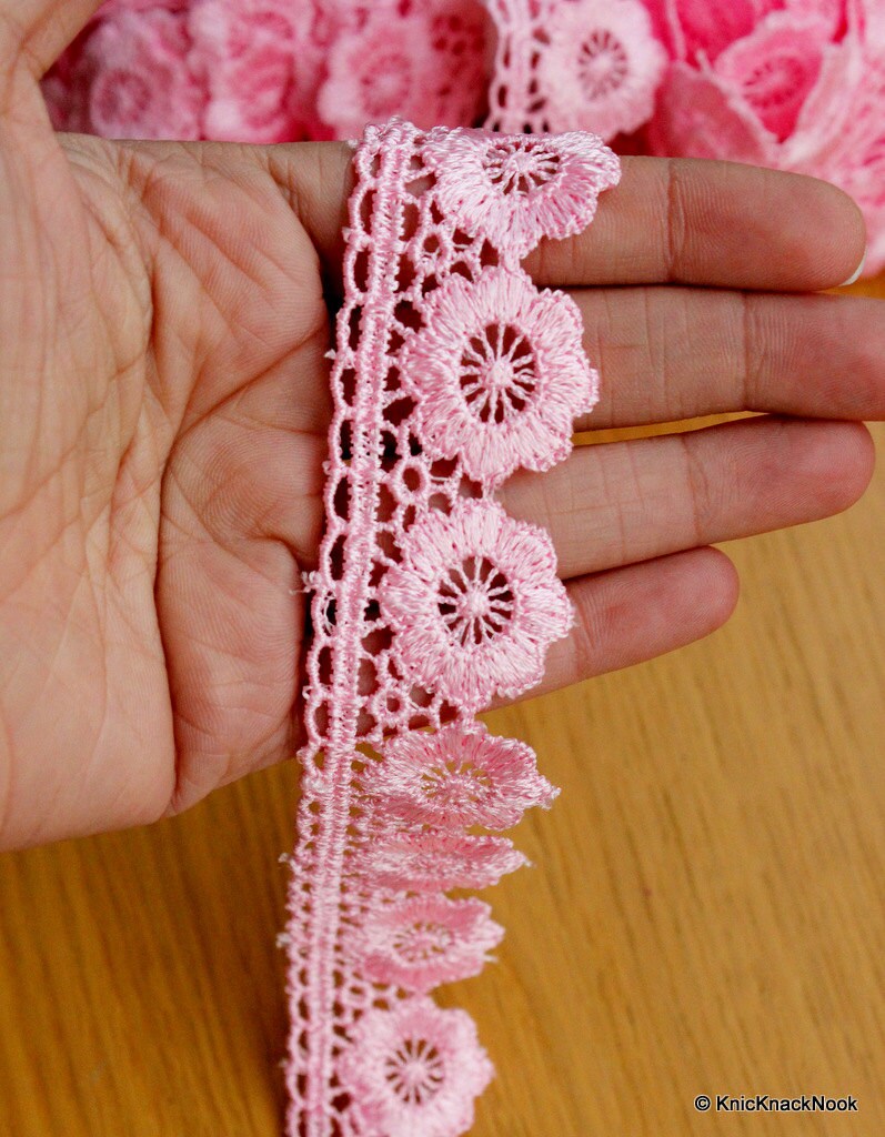 Pink Embroidered Flower Lace Trim Ribbon Approx 32mm wide