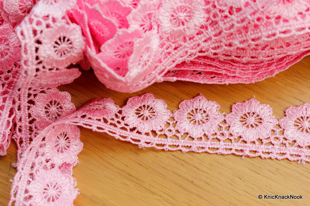 Pink Embroidered Flower Lace Trim Ribbon Approx 32mm wide