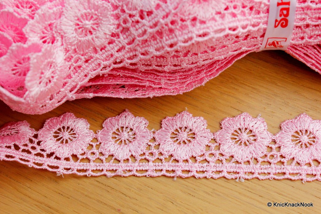 Pink Embroidered Flower Lace Trim Ribbon Approx 32mm wide