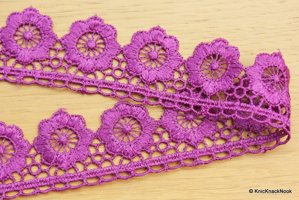 Purple Embroidered Flower Lace Trim Ribbon Approx 32mm wide