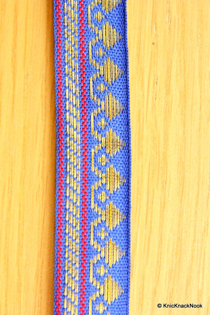 Blue, Red and Gold Embroidery Silk One Yard Lace Trim 16mm Wide