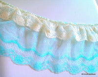 Thumbnail for Blue And Beige Floral Net Lace Trim Ribbon 16cm wide