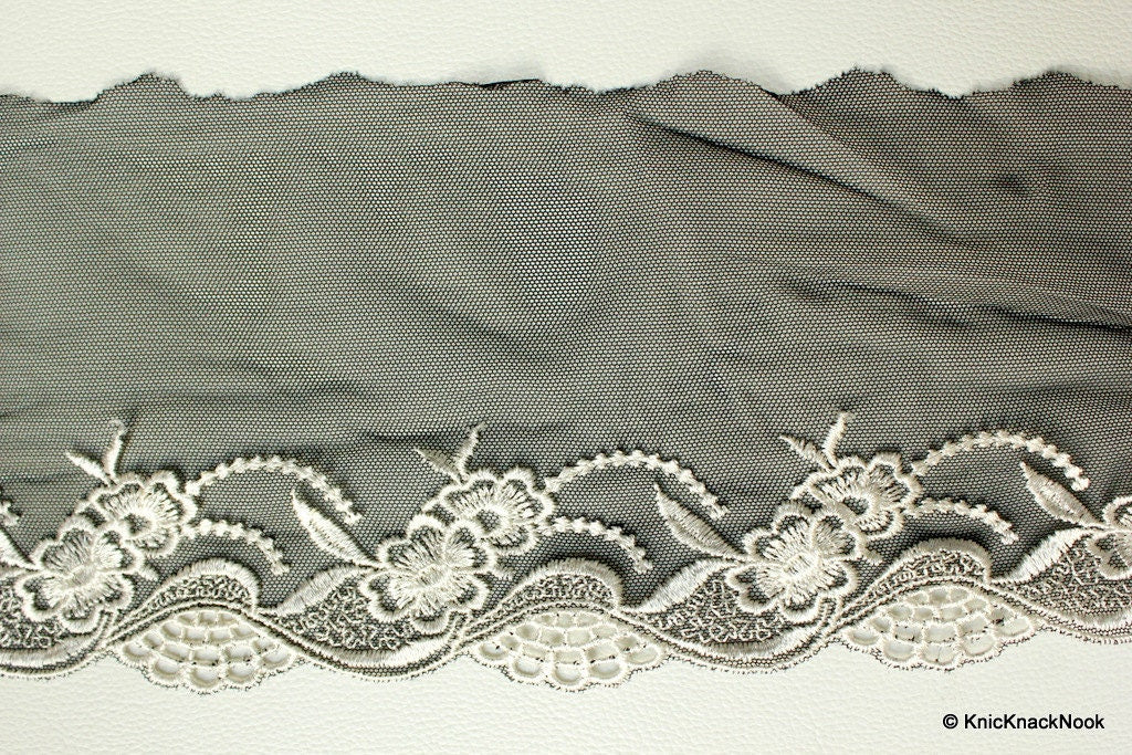 Black Soft Net Lace Trim with White Embroidered Flowers 5 1/2 inches wide, Costume Trim, Crafting Ribbon