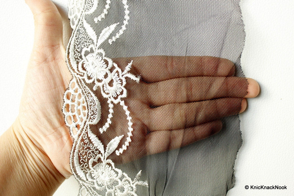 Black Soft Net Lace Trim with White Embroidered Flowers 5 1/2 inches wide, Costume Trim, Crafting Ribbon