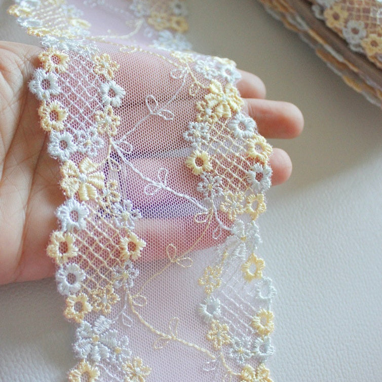 Light Pink Soft Net Lace Trim With Embroidered Yellow And Blue Flowers 85mm wide