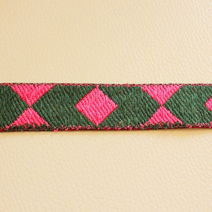 Jacquard Pink, Fuchsia And Green Cotton Thread Embroidery One Yard Lace Trim 20mm Wide, Costume Trim