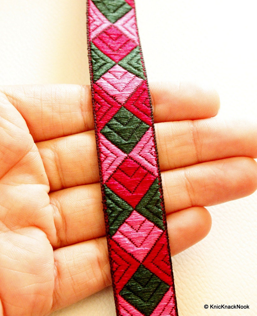 Jacquard Pink, Fuchsia And Green Cotton Thread Embroidery One Yard Lace Trim 20mm Wide, Costume Trim