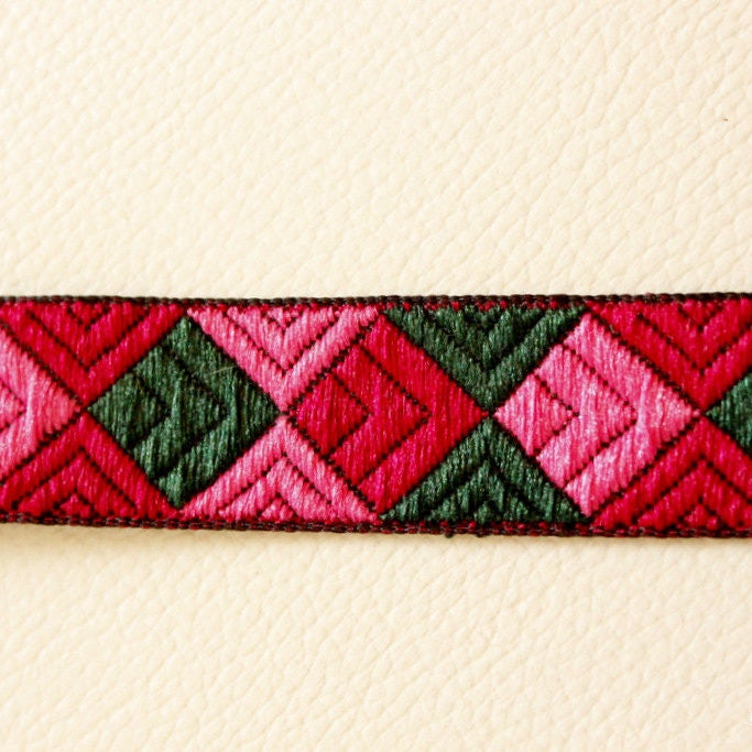 Jacquard Pink, Fuchsia And Green Cotton Thread Embroidery One Yard Lace Trim 20mm Wide, Costume Trim