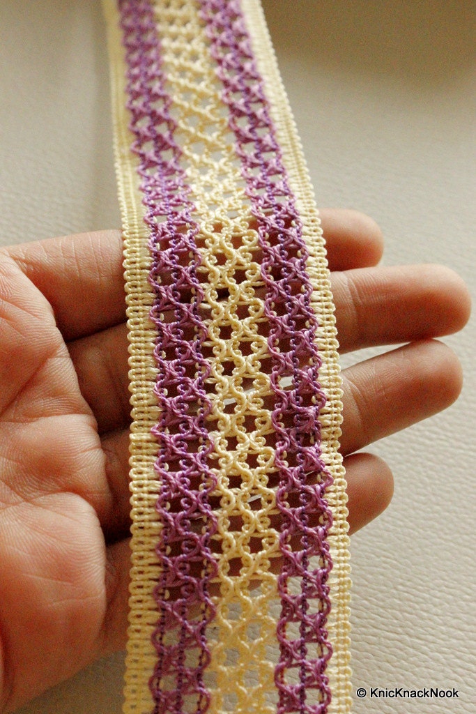 Beige And Purple Thread Lace Trim, 40mm wide