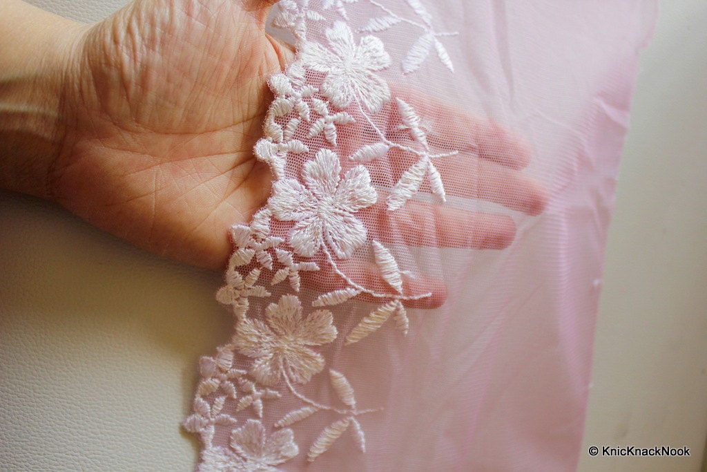 Wholesale Pink Net Lace With White Flowers Embroidery Approx. 20cm wide Trim By 9 Yards Pink Lace Embroidered Trim Costume Craft Trim