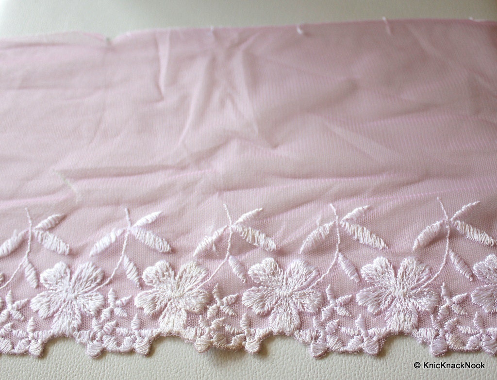 Wholesale Pink Net Lace With White Flowers Embroidery Approx. 20cm wide Trim By 9 Yards Pink Lace Embroidered Trim Costume Craft Trim