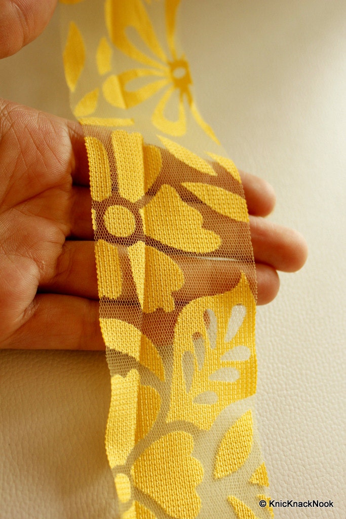 Yellow Flower Net Lace Trim, Approx. 50 mm wide