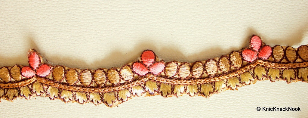 Pink And Copper One Yard Scallop Lace Trim 28mm Wide, Embroidered Trim, Decorative Trim